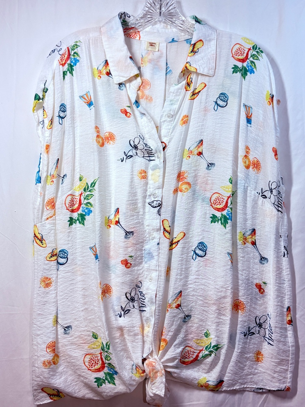 Women’s White Tropical Print Tie-Front Button Down Shirt